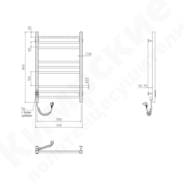 Электрический полотенцесушитель кабельный Контур 500х800