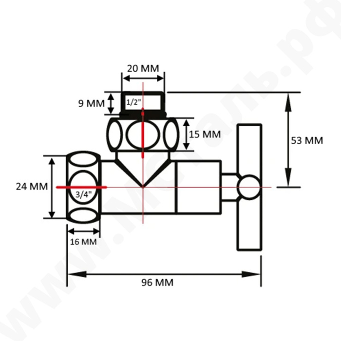 Вентиль угловой запорный (крестовой) 3/4"х1/2"