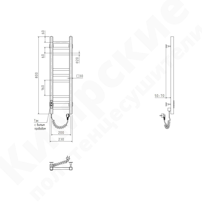 Электрический полотенцесушитель кабельный узкий Контур 200